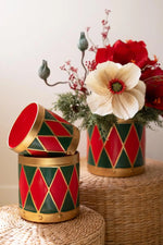 Kalalou Set of 3 Metal Drum Christmas Planters Red Green Gold 8"H