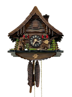 One Day Cuckoo Clock – 9.8 in – Cottage with Moving Bear, Hand-carved Trees & Mushrooms By River City Clocks