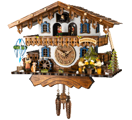 Musical Chalet Cuckoo Clock 11-Inch With Rotating Waterwheel, Biergarten Figures and Musical Movement by River City Clocks