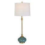 Uttermost Kaimana Aged Blue Ceramic Buffet Lamp – 34"H with Seafoam Glaze, Brass Accents & White Linen Shade
