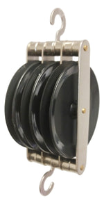 Triple Parallel Pulley 4"H Black Plastic with Metal Housing, Three 50mm Wheels, Hooks Top & Bottom By GSC International Inc.