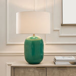 Table Lamp – Rounded Teal Ceramic With Drum Hardback Shade – 28.25