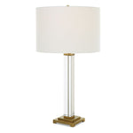 Uttermost Crystal Column Table Lamp – 28"H Square Crystal Base with Antique Brass Accents & White Linen Shade