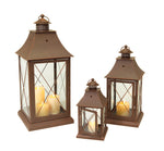 Classic Brown Metal Lanterns – 24" Tall – Glass and Metal Set of 3 By Melrose