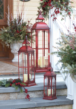 Red Metal Floor Lantern Set – 37"H – Decorative Metal Glass Trio – By Melrose