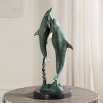 SPI Home Flirty Dolphin Duo Sculpture – Aluminum Coastal Accent, 18” Freestanding Bronze Marine Décor