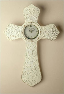 Cream Metal Cross Wall Clock – Rustic Religious Timepiece