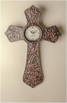Antique Bronze Cross Wall Clock – Religious Decor 13.5x20.5