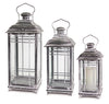 Grey Metal and Glass Lanterns Trio 14, 17, 20 Inch Height Indoor Outdoor Decor By Melrose