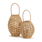 Two's Company 53705 Set of 2 Oval Rattan Lantern Decor With Leather Handle