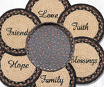 Set of round woven coasters with motivational phrases on a white background