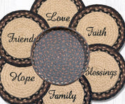 Set of round woven coasters with motivational phrases on a white background