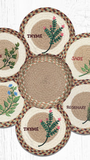 10-inch round trivets featuring various herb patterns in basket