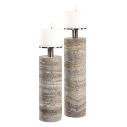 Uttermost 18186 Shadowstone Candleholders Set of 2 Gray Travertine with Dark Bronze Candle Cups