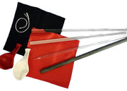 Set of percussion instruments including mallets, beater, and other tools on a white background