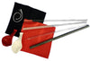 Set of percussion instruments including mallets, beater, and other tools on a white background