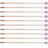 Set of long, thin thermometers with red and white markings on a white background