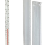 Hydrometer with a scale and small red object on a white background