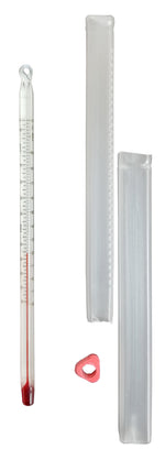 Hydrometer with a scale and small red object on a white background