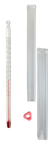 Hydrometer with a scale and small red object on a white background