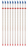 Set of 12 glass thermometers with blue and red tips on a white background