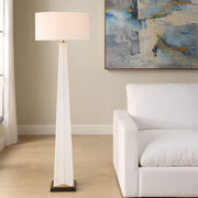 White floor lamp with linen drum shade