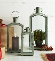 Varying Size Lantern Set 21 Inch Height Distressed Metal and Glass By Melrose