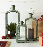 Decorative Trio Lanterns 21 Inch Height Blue Metal with Curved Tops By Melrose