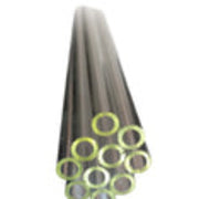 Metallic tube with green circular inserts on a white background