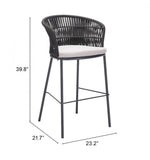 Black wicker bar stool with white cushion and dimensions on a white background