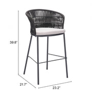 Black wicker bar stool with white cushion and dimensions on a white background