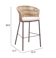 Wicker bar stool with dimensions on a white background