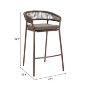 Brown wicker bar stool with dimensions on a white background
