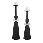 Uttermost Ebon Glow Candleholders- Modern Black Wood & Seeded Glass Design, Set of 2