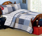 Benjamin Dinosaur Cotton Reversible Quilt Set – Blue Brown Plaid Patchwork Design By Cozy Line Home Fashions