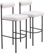 Zuo Modern Livorno Barstool Set of 2,40.2" H Ivory Shearling Fabric Plush Seat Black Steel Frame Modern Style