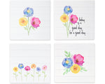 Floral Tile Coaster Set of 12 – 4"L Stoneware & Cork Coasters with Black & White Floral Designs and Inspirational Sentiment by Melrose