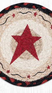 “Decorative Earth Home round coaster 7x7 with burgundy primitive star design”
