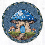 Blue Mushroom House Large Coaster – 7" x 7" Round Braided Jute Hand-Stenciled Coaster By Earth Rugs