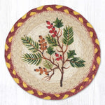 Earth Rugs Round Coaster – Berries & Evergreen Holly Design, 7"x7", Natural Braided Jute