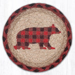 Earth Rugs Flannel Bear Round Coaster – 7"x7" Rustic Jute Lodge Accent with Plaid Wildlife Design
