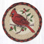 Earth Rugs Round Cardinal Coaster – 7"x7" Braided Jute, Rustic Winter Bird Design, Hand-Stenciled Table Accent