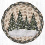 Earth Rugs Holiday Village Trees Round Coaster – 7"x7" Braided Jute with Hand-Stenciled Winter Scene for Seasonal Decor
