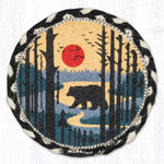Earth Rugs Bear Scene Round Coaster – 7"x7" Braided Jute with Hand-Stenciled Wildlife & Forest Design for Rustic Cabin Decor