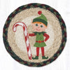 Elf Candy Cane Round Large Coaster 7"x7" Braided Jute