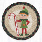 Elf Candy Cane Large Coaster – 7" x 7" Round Braided Jute Hand-Stenciled Coaster By Earth Rugs