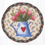 Earth Rugs Tulip Watering Can Round Coaster – 7"x7" Braided Jute, Spring Garden Theme, Hand-Stenciled Design