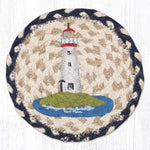 Earth Rugs White Lighthouse Round Coaster – 7"x7" Braided Jute, Coastal Cottage Design, Hand-Stenciled Nautical Accent
