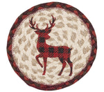 Earth Rugs Red Plaid Deer Round Coaster – 7"x7" Braided Jute, Rustic Lodge Design, Hand-Stenciled Winter Accent