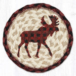 Earth Rugs Round Red Plaid Moose Coaster – 7" Braided Jute Mat with Rustic Cabin Design, Large Size for Mugs or Small Dishes